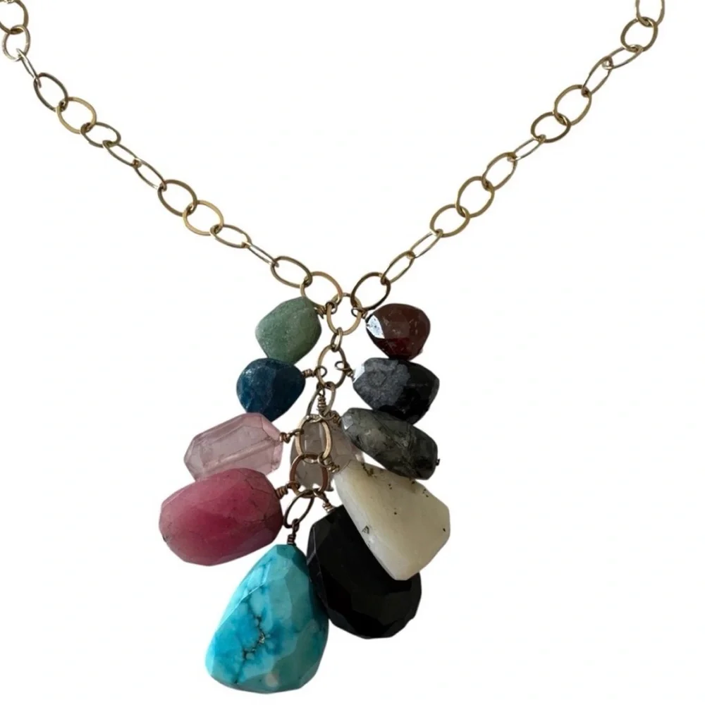 Sundance 14k Yellow Gold Chain Pendant Necklace Multicolor Gemstone Tassel NEW